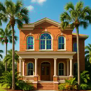 The brick building stands proudly in the warm Florida sunshine its red and orange hues contrasting beautifully with the vibrant green palm trees surrounding it The structure features a classic architectural design complete with large arched windows t